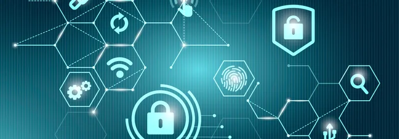Padlock, fingerprint and connectivity icons over a hexagonal network